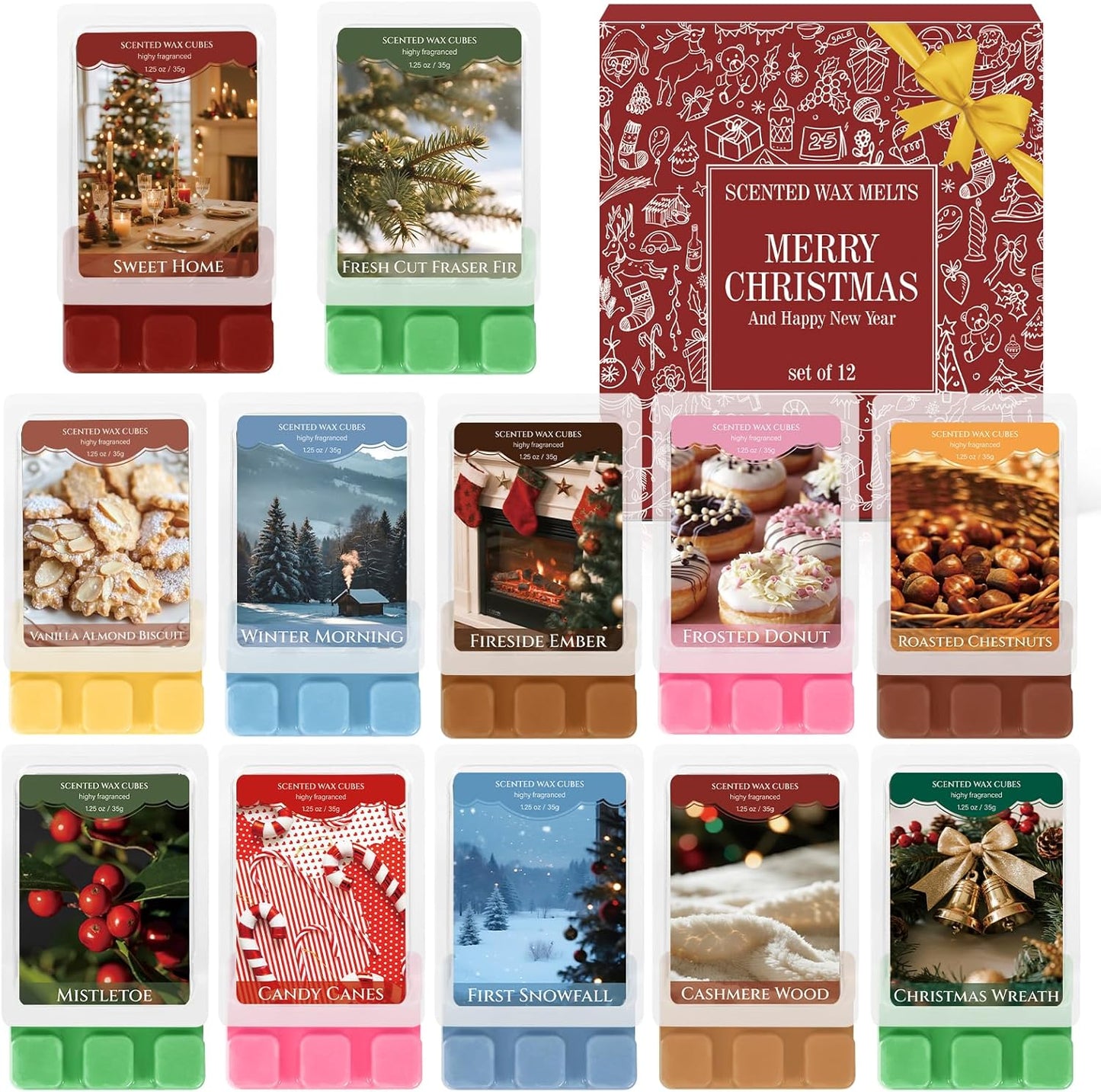 SCENTORINI Christmas Wax Melts, Soy Wax Melts for Wax Warmers Non-Toxic, 12-Pack Scented Wax Cubes Strong Scent, Long Lasting Fragrance Gifts for Christmas