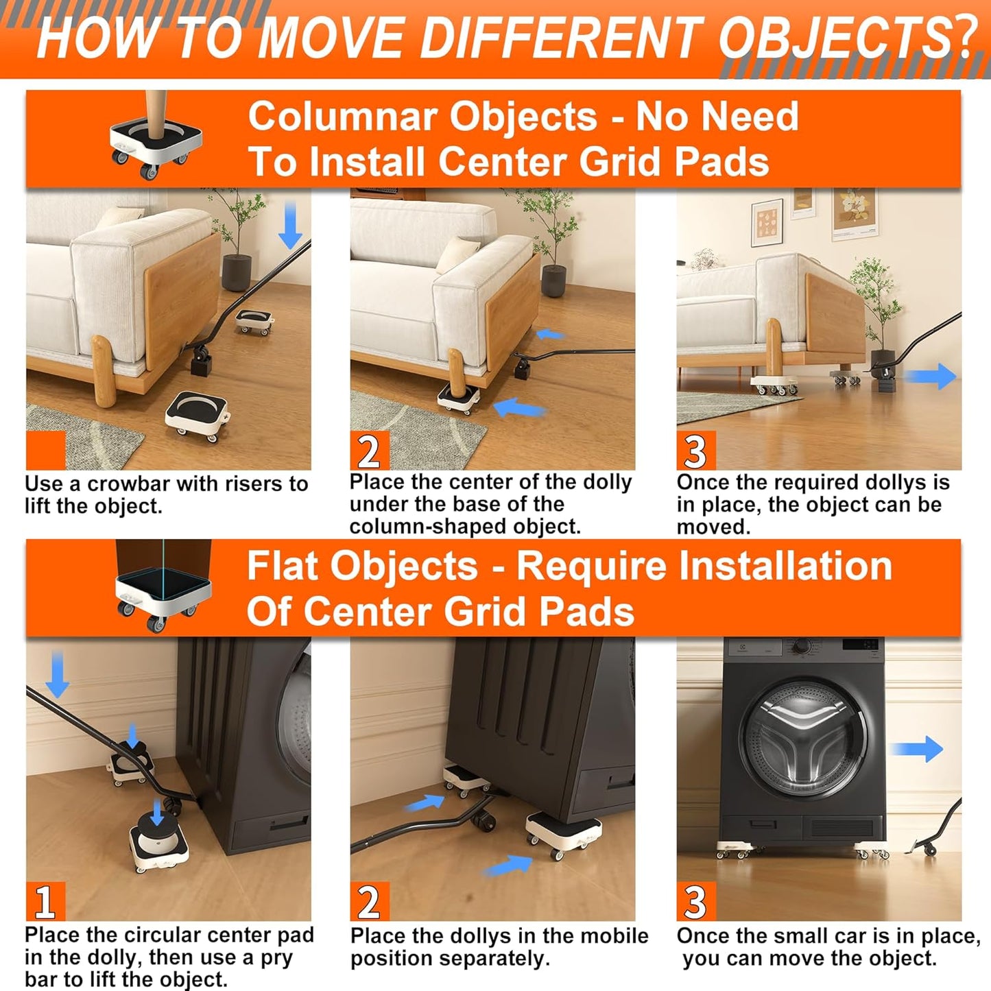 MUEA Furniture Dolly,Heavy-Duty Furniture Movers with Removable Center Pad,Non-Slip L-Edge & TPR Wheels,Moving for Round/Flat Leg Furniture–Includes Pry Bar,Gloves,Mat and Storage Bag(1200LBS)