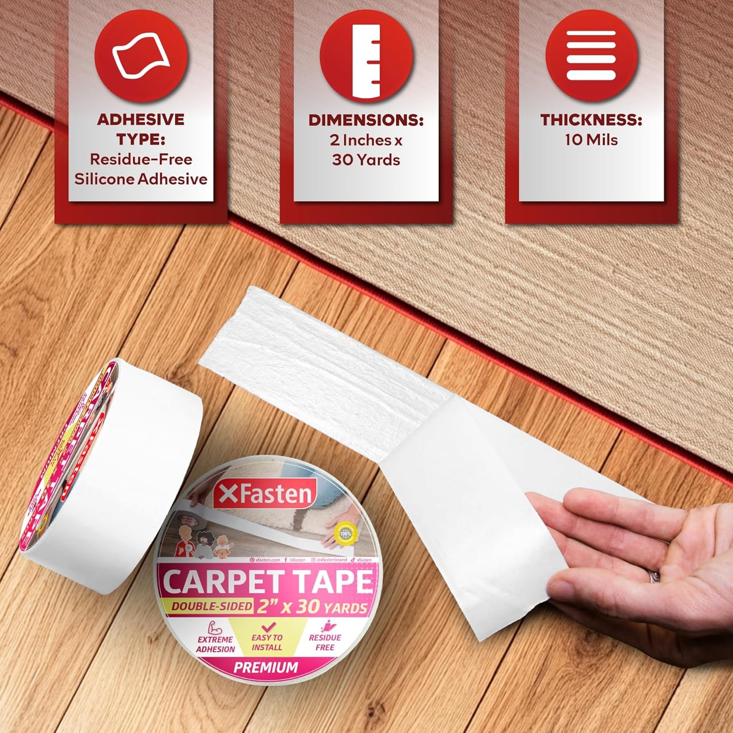 XFasten Double Sided Carpet Tape for Area Rugs, 2 Inch x 30 Yards – Heavy Duty Anti Slip Rug Grip Tape, Works as Rug Grippers, Residue Free, Wood Safe, Easy Removal for Hardwood and Laminated Floors