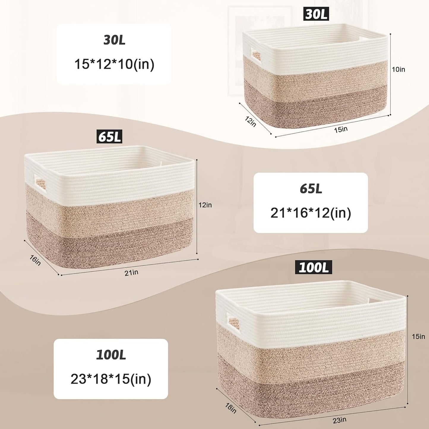 Blanket Basket,Rectangle Woven Baskets for Storage,65L Laundry Basket for Decorative Nursery Blanket,Toys,Dirty Clothes and Magazine in Shelves,Baby Room,and Living Room