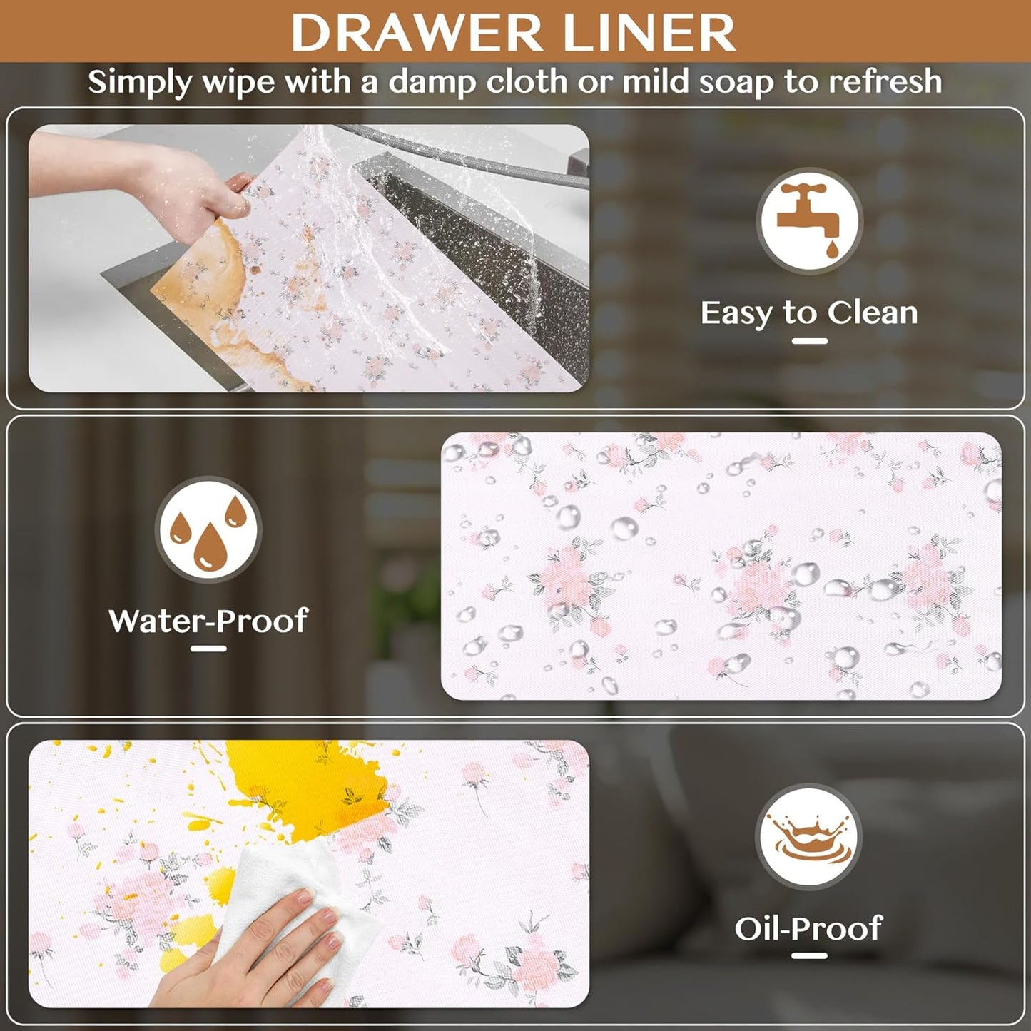 Non-Adhesive Shelf and Drawer Liner for Kitchen Cabinets, 12 in x 10FT Strong Non-Slip Cabinet Liners for Shelves, Refrigerator, Pantry Storage, Bathroom Closet, Easy to Clean, Floral