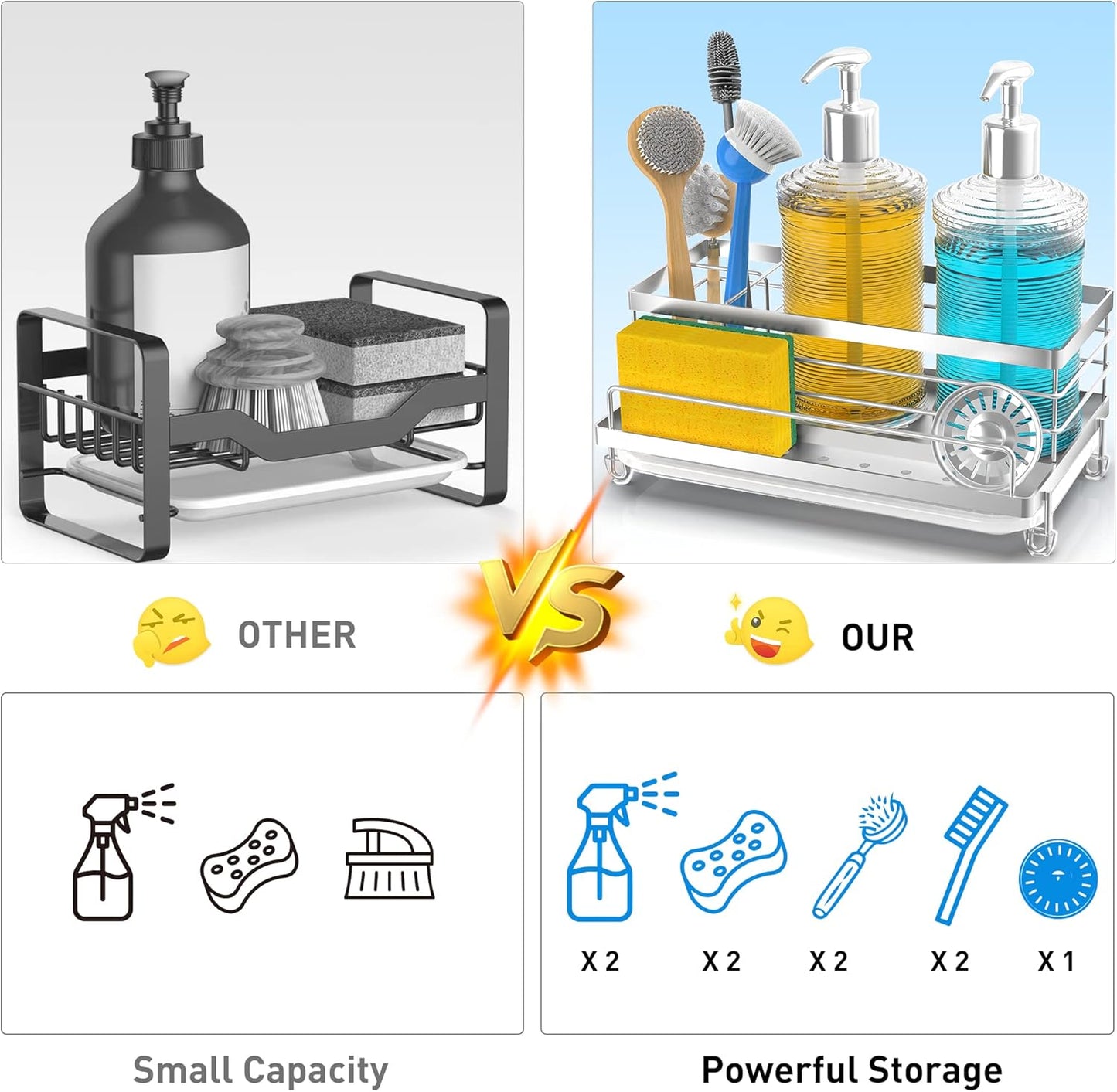 Cisily Stainless Steel Sponge Holder for Kitchen, Sink Caddy Sink Organizer Rack for Kitchen Accessories with Drip Tray, Rustproof and Non-slip, Dish Soap Dispenser Countertop Organizer