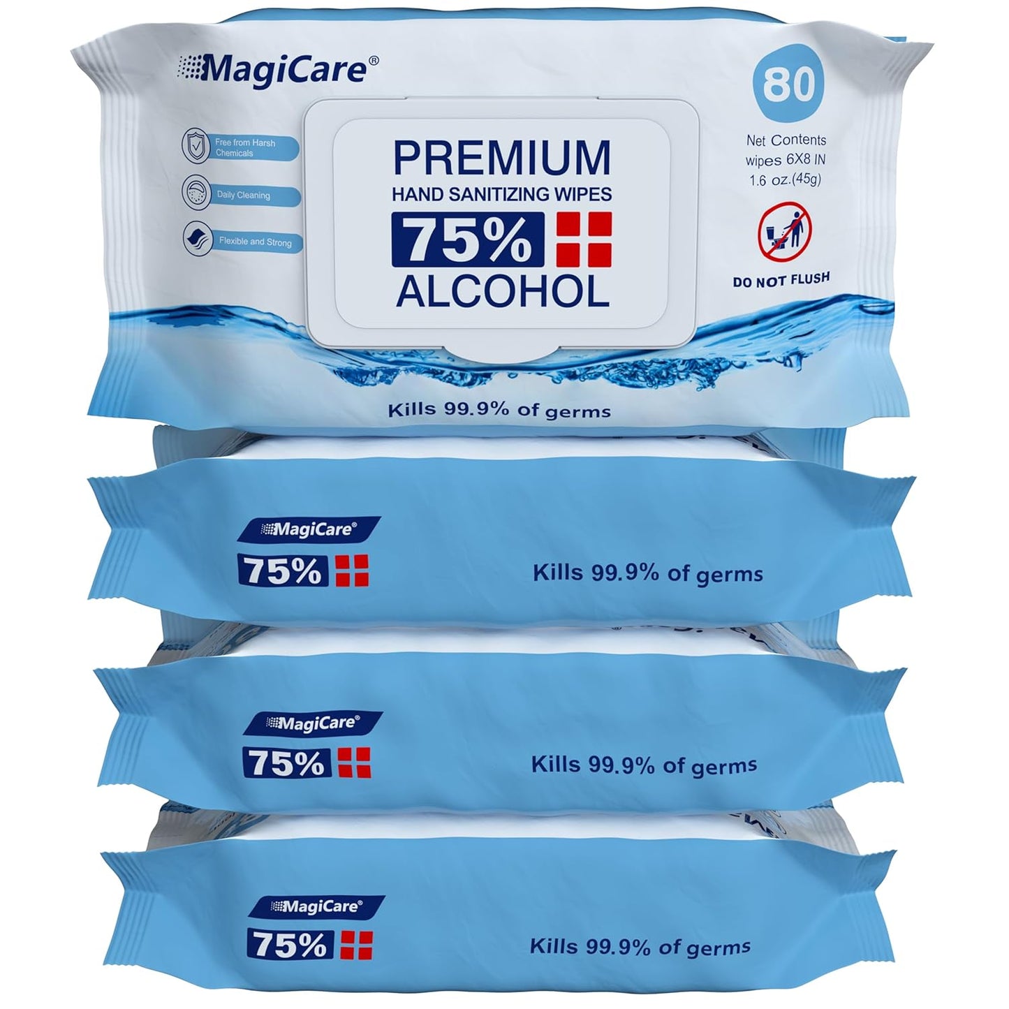 MagiCare 75% Large Alcohol Wipes (4-80ct Packs) - Alcohol Hand Sanitizing Wipes, Premium - Unscented Hand Wipe, Sanitizer Wipe - Travel, Home, Classroom, Camping - 4 Soft Packs (320pcs)