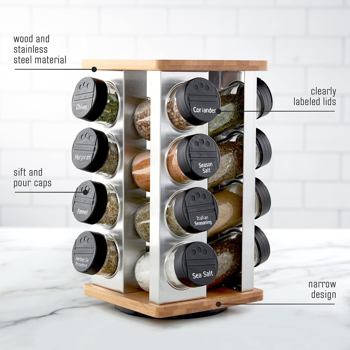 Kamenstein 16 Jar Warner Revolving Countertop Spice Rack Organizer with Lift & Pour Caps and Spices