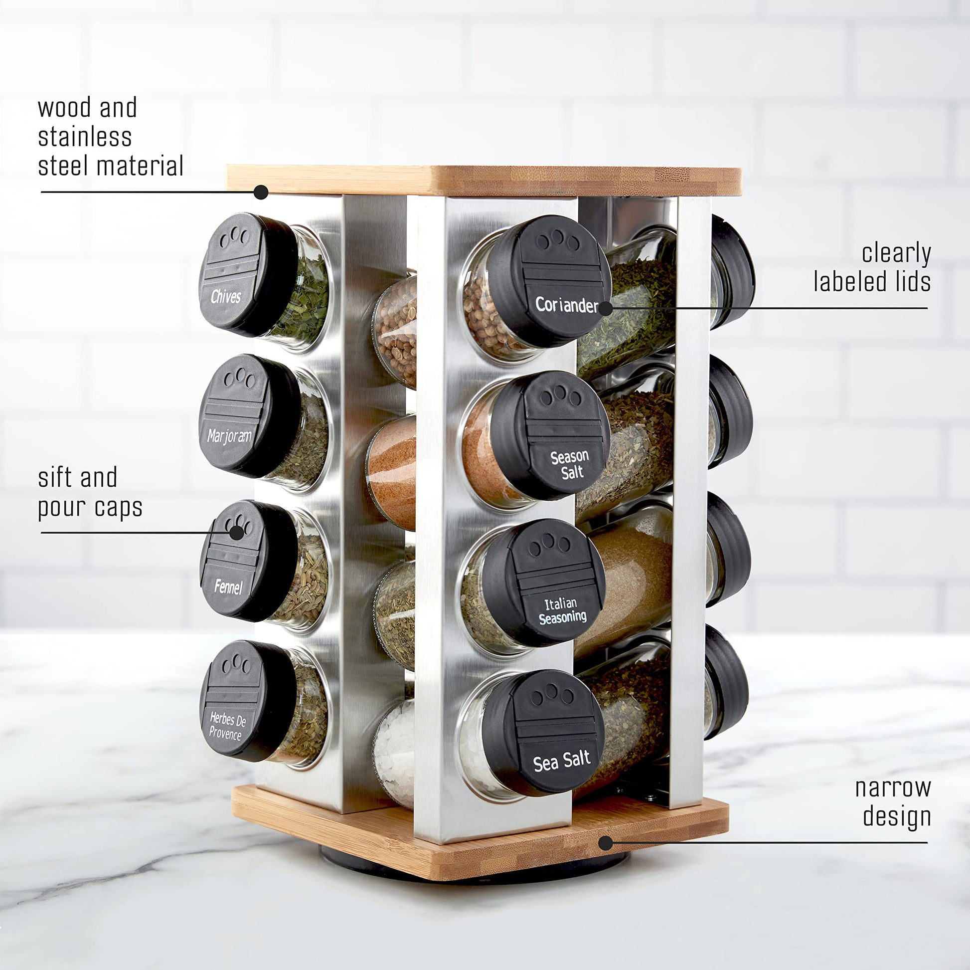 Kamenstein 16 Jar Warner Revolving Countertop Spice Rack Organizer with Lift & Pour Caps and Spices