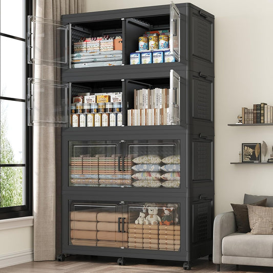 160GAL Extra Large Storage Bins with Lid, 640Qt Stackable Closet Organizers and Drawers, Collapsible Storage Bins with Wheels, Folding Storages Cabinet for Home Bedroom Office, 4Pack Black