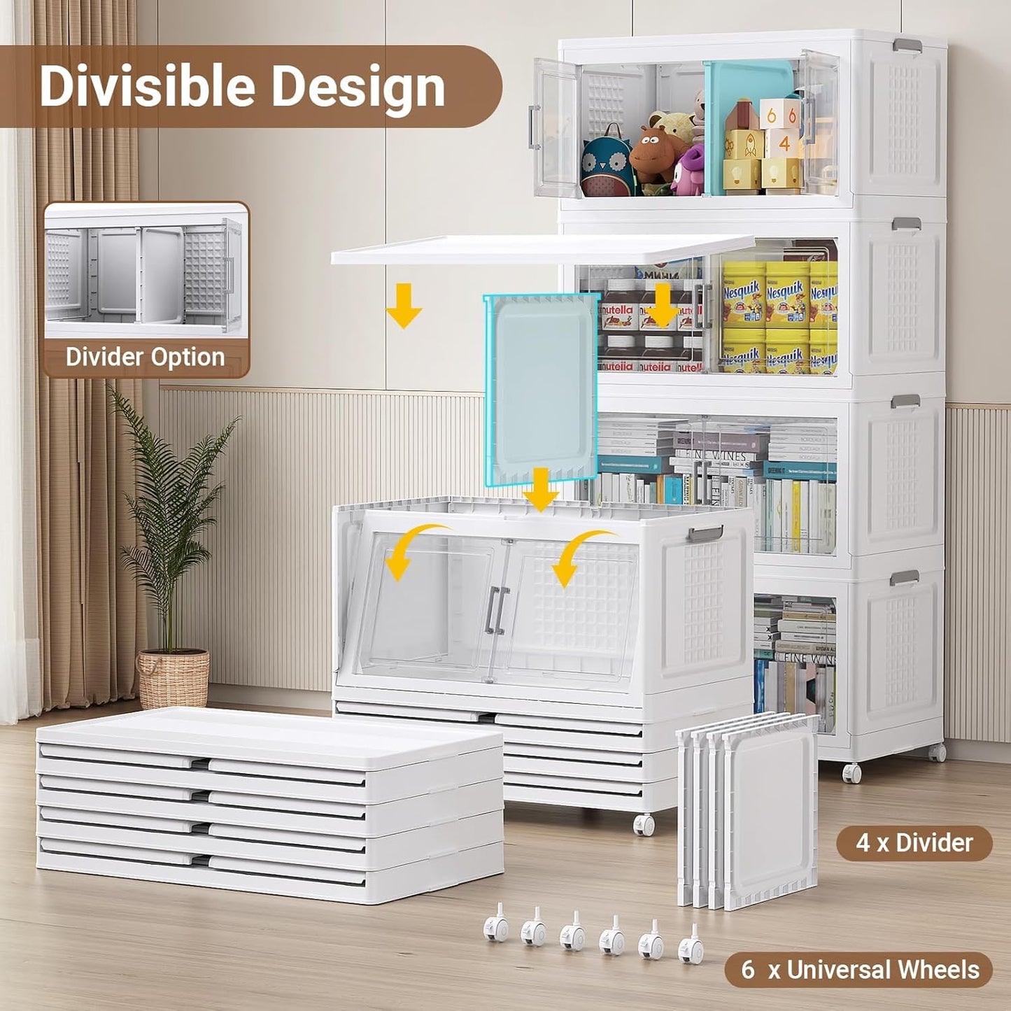 BROVIEW 69.3"H 200Gal Plastic Storage Bins with Lid & Wheels,4Pack Extra Large Stackable Storage Bins with Dividers,Closet Organizers and Storage Cabinet Collapsible Box Shelves for Home Kitchen,White