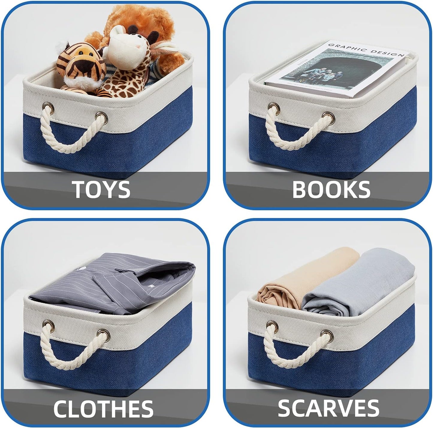 Temary Small Storage Baskets for Shelves, 6 Pcs Empty Gift Baskets for Organizing Clothes, Books, Fabric Storage Bins with Rope Handles (White&Blue,11.8 L x 7.9 W x 5.3 H inches)