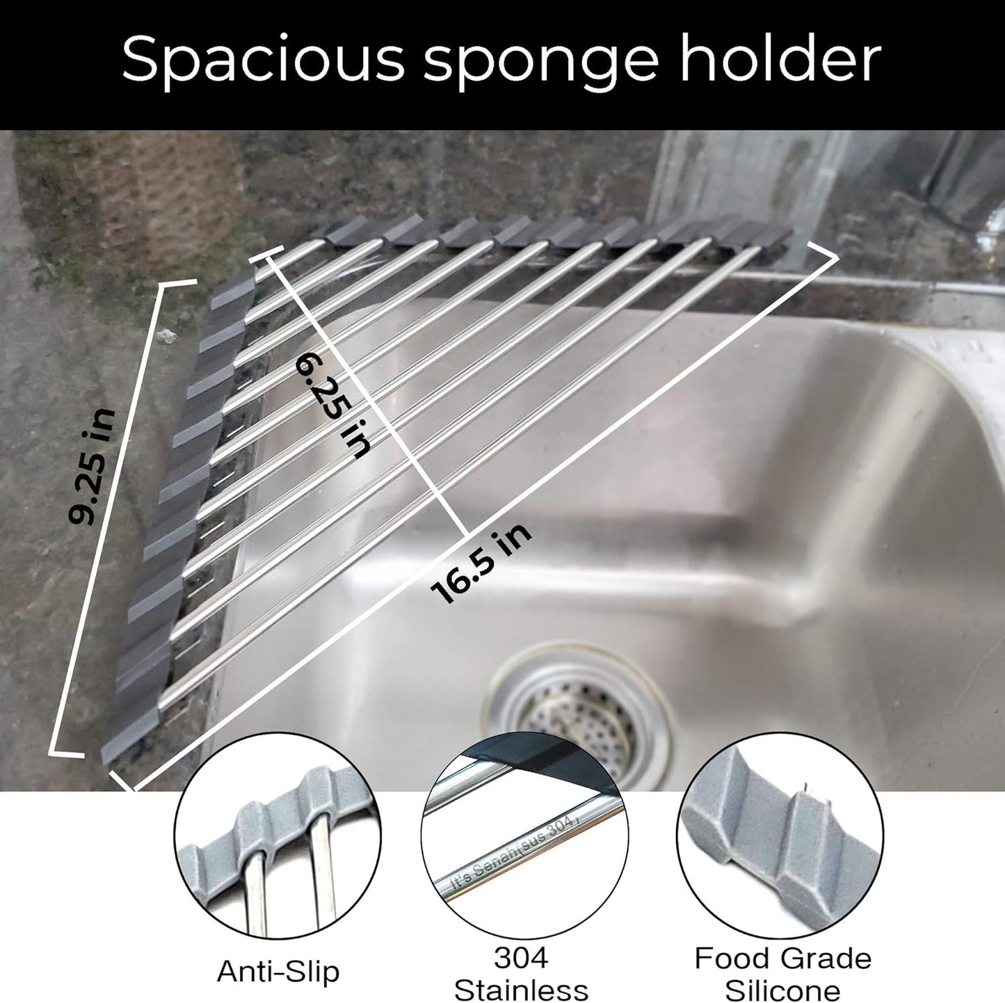 Roll Up Sponge Holder for Counter, Sink Organizer for Kitchen, Bathroom, Laundry Room, 304-Stainless Steel Sink Organizer for Sponge, Brush, Scrubber, Soap Dispenser Holder, Dish Drying Rack (Gray)