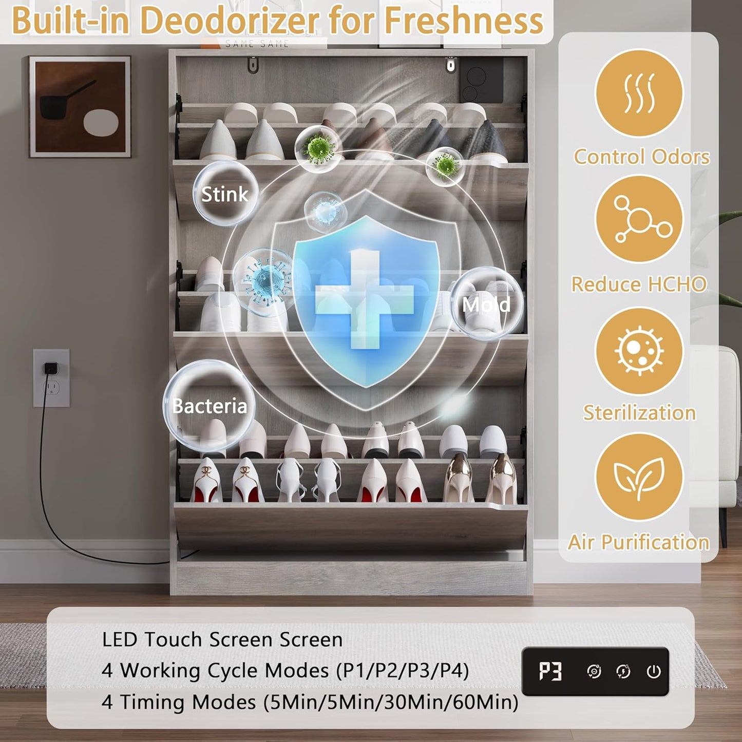 Shoe Cabinet with Odor Control and Back Panels, Deodorizing Slim 3-Flip Shoe Storage Cabinet for Entryway, Freestanding Hidden Shoe Rack Organizer for Entrance, Hallway, Bedroom