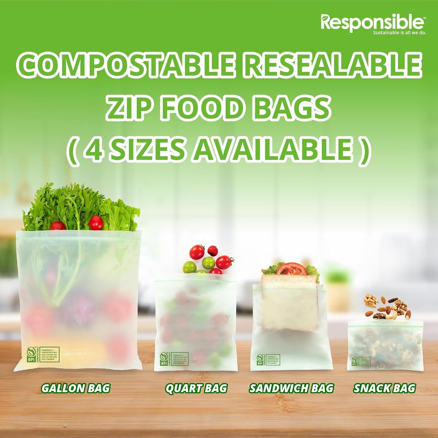 Responsible Products Certified Compostable Large GALLON Resealable Zip Bag, Extra Strength Food Bags, Made from Plant Materials (32 Pack)