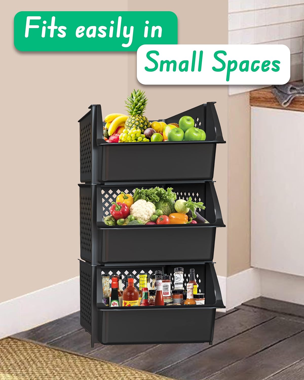 Skywin Plastic Stackable Storage Bins for Pantry - 3 Pack, Black Stackable Bins For Organizing Food, Kitchen, and Bathroom Essentials