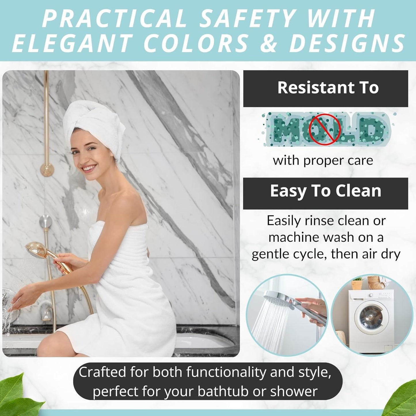 ENKOSI Bath Mat – Large 40 x 16 Inch Non-Slip Bathtub Mat with Secure Anti-Slip Suction Cups & Drain Holes – Extra Long Bathroom Shower Mat for Tub with Black Marble Design (Black Marble 40x16)