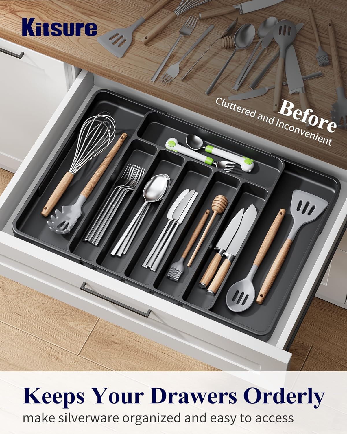 Kitsure Cutlery Drawer Organiser for Kitchen - Adjustable Cutlery Tray for Effortless Utensil Sorting, Versatile Kitchen Storage & Organisation Solution, 13.70" x 1.54" x 10.94"~20.08", Black