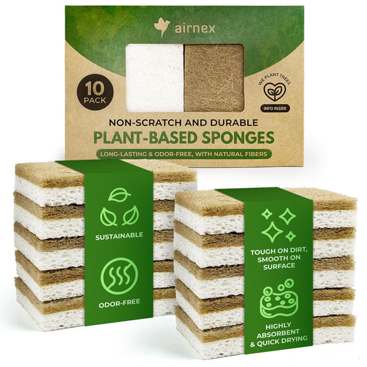 10 Pack Biodegradable Natural Kitchen Sponge - Compostable Cellulose and Coconut Walnut Scrubber