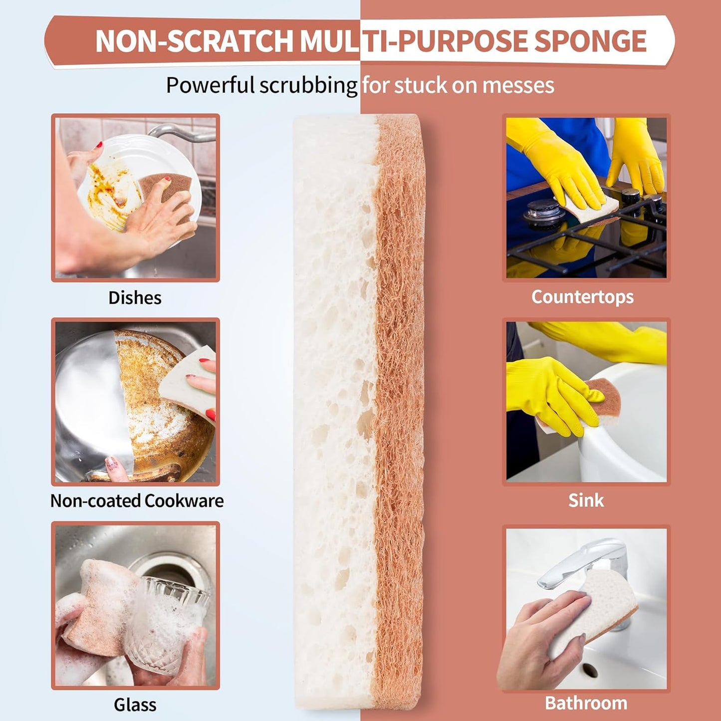 HOMERHYME Natural Dish Sponge 12 Pack, Non-Scratch Scrub Kitchen Sponge, Eco Multipurpose, Odor-Less Dual-Sided for Dish Washing & Household Cleaning