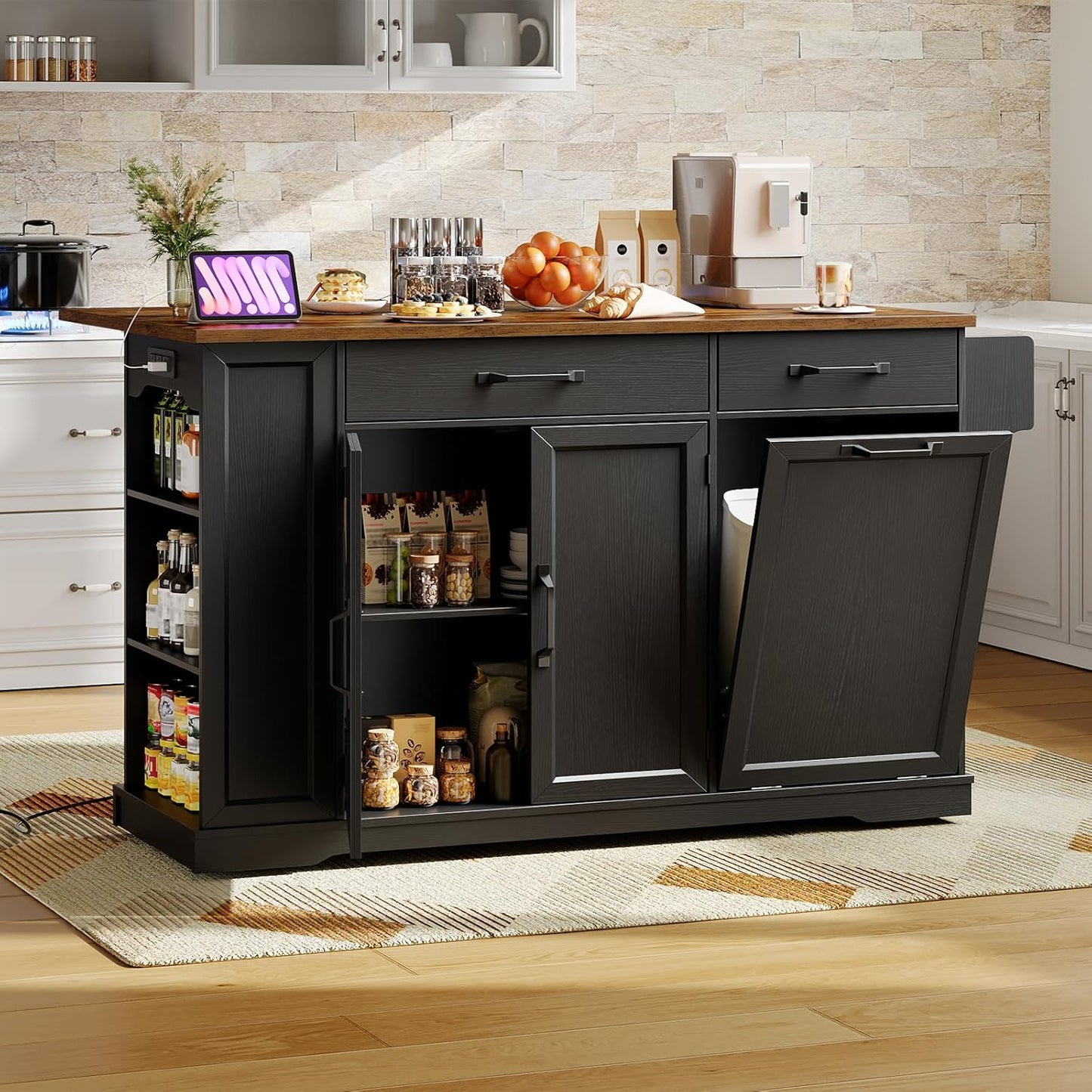Kitchen Island with Power Outlet & Drop Leaf, Rolling Storage Cart with Trash Storage Cabinet, Farmhouse Mobile Island Table for Kitchen, Dining Room, Hidden Casters, Black and Rustic Brown