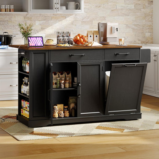 Kitchen Island with Power Outlet & Drop Leaf, Rolling Storage Cart with Trash Storage Cabinet, Farmhouse Mobile Island Table for Kitchen, Dining Room, Hidden Casters, Black and Rustic Brown