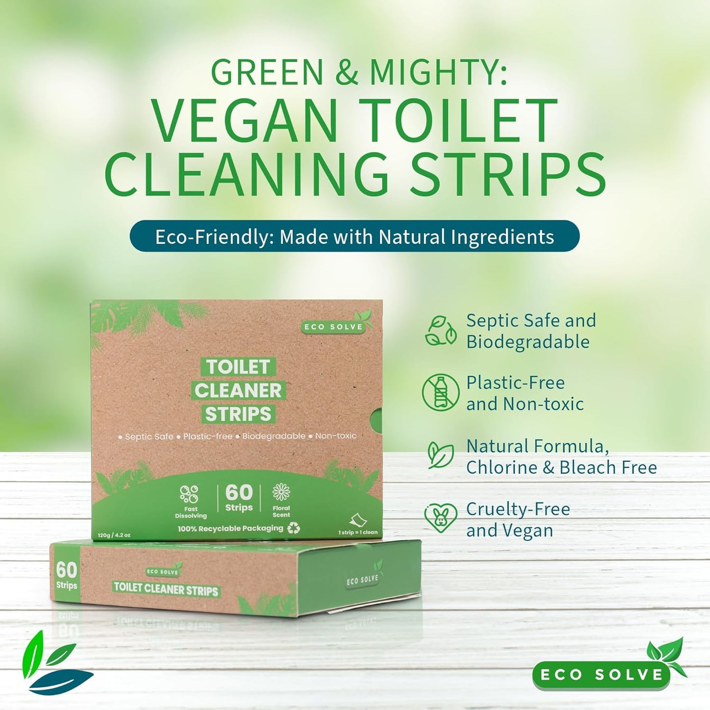 Natural Toilet Bowl Cleaner Strips, Eco-friendly, Non-toxic, Septic Safe, Removes Odors & Stains, Plastic-free, Natural Toilet Bowl Cleaner for Quick and Easy Cleaning, Toilet Fresheners (60 count)