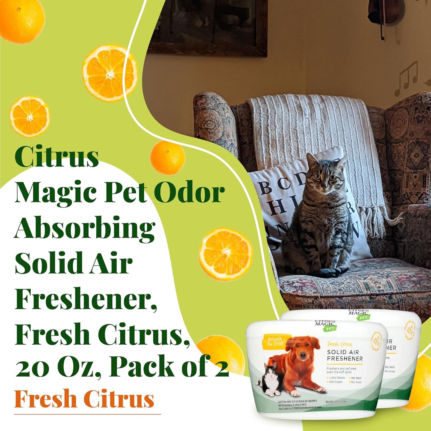 Citrus Magic Pet Solid Air Freshener, Pet Odor Eliminator for Home, Odor Absorber for Dog & Cat Areas and Litter Boxes, Fresh Citrus, 20 Ounces, 2-Pack