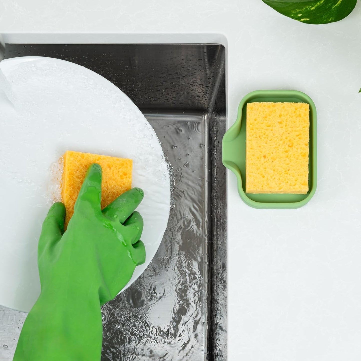 Zulay Small Silicone Sponge Holder (4.9x3.3”) – Space-Saving Sink Organizer Tray for Sponge, Soap, Brush & More – Compact Non-Slip Dish for Kitchen & Bathroom (Jade Green)