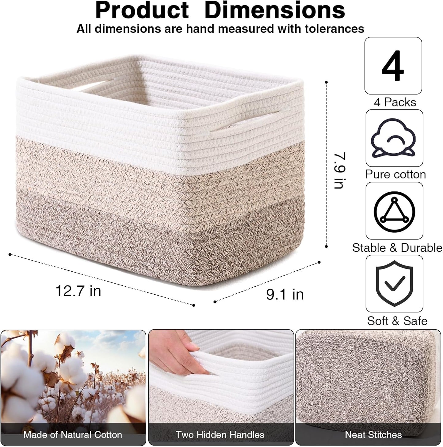 Small Storage Baskets for Organizing Shelves, Woven Cotton Rope Basket for Storage, Cute Rectangular Book Toy Baskets, 12.7"×9.1"×7.9", 4 Packs, Gradient Brown