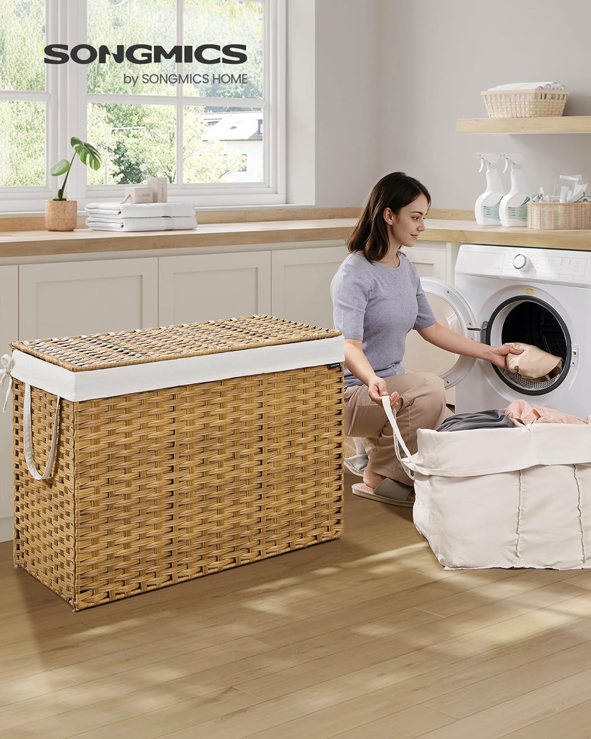 SONGMICS Laundry Hamper with Lid, 52.8 Gallon (200 L) Synthetic Rattan Clothes Laundry Basket with Lid and Handles, Foldable, Removable Liner, Goose Yellow ULCB320Y01