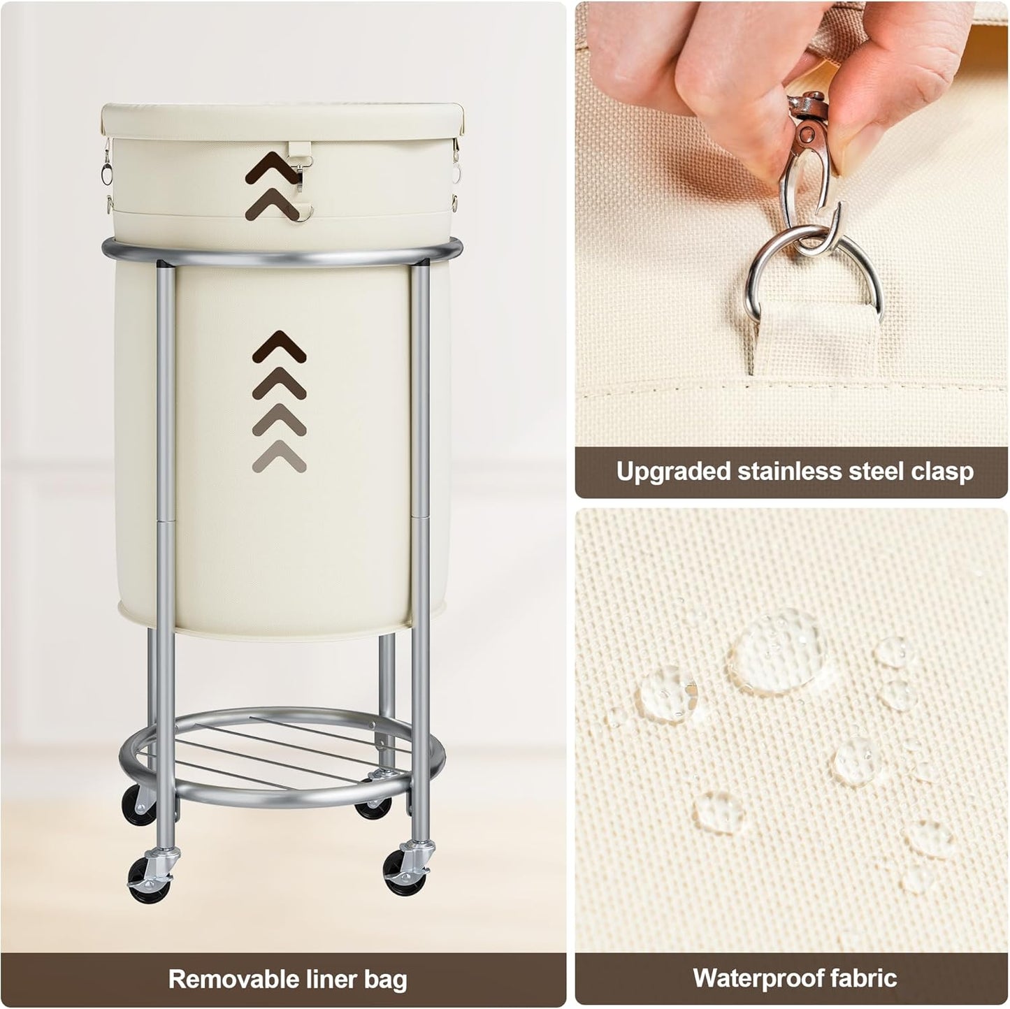 ELYKEN Laundry Hamper with Wheels, 110L Rolling Laundry Basket, Round Laundry Cart with Steel Frame and Removable Bag, 4 Casters and 2 Brakes, Dirty Clothes Hamper for Hotel, Home, Closet, Dorm, Cream