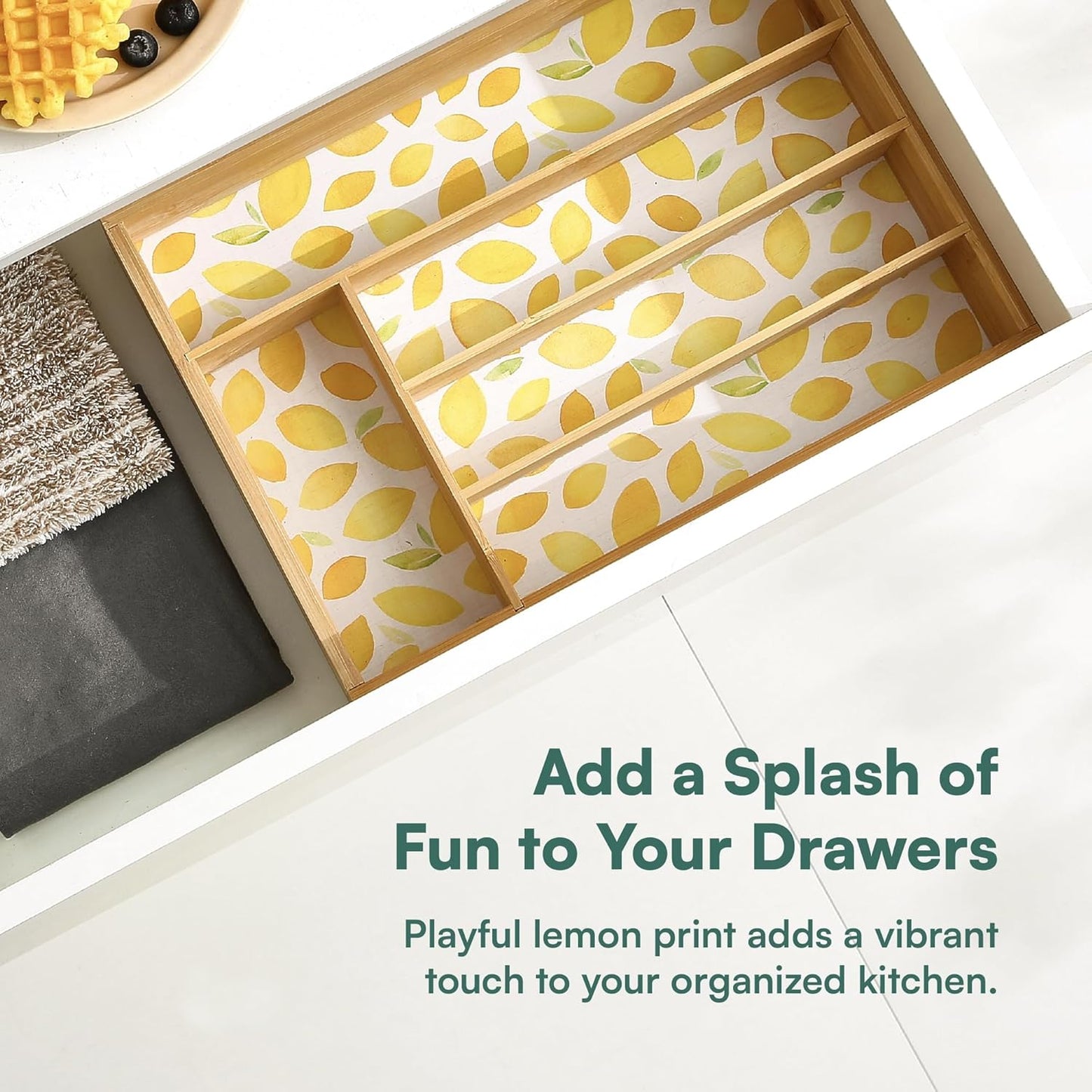 Kitchen Drawer Organizer - Silverware Organizer for Kitchen Organization & Storage, Utensil Holder & Bamboo Organizer for Kitchen Drawers, Kitchen Essentials, 5-Slot, Lemon Print