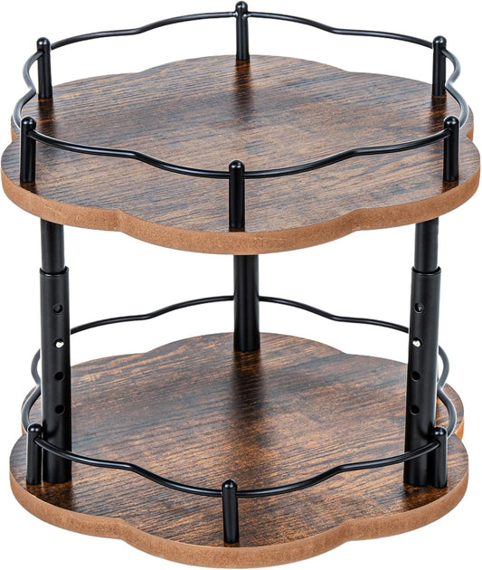 Lazy Susan Spice Rack Organization for Cabinet - 2 Tier Adjustable Height Lazy Turntable Spice Organizer for Kitchen Countertop & Pantry, Wood 10 Inch Seasoning Storage, Black