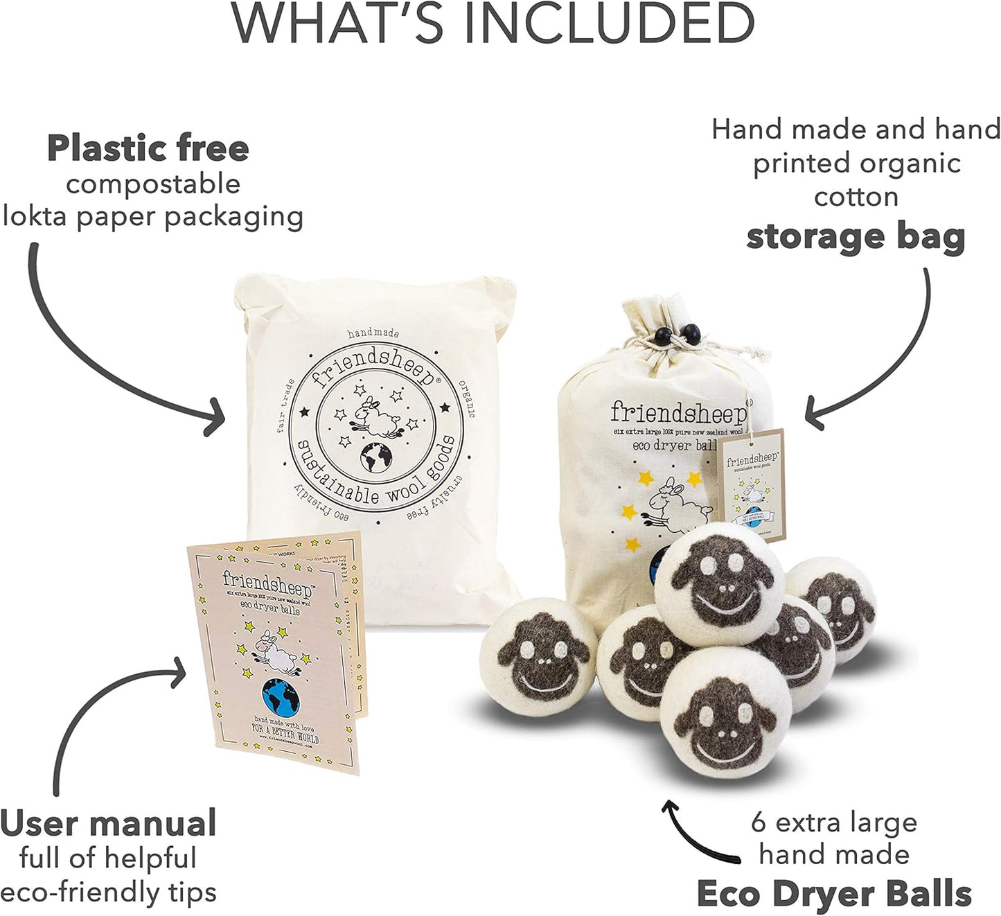 Wool Dryer Balls by Friendsheep 6 Pack XL Organic Premium Reusable Cruelty Free Handmade Fair Trade No Lint Fabric Softener Brown Sheep "Flock of Friends"