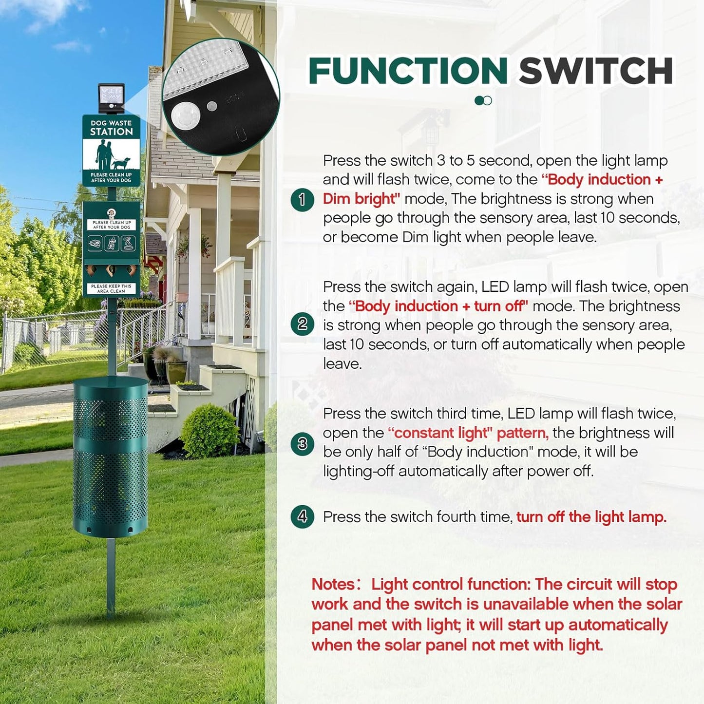 Dog Waste Station with Solar Panels Outdoor LED Galvanized Steel Dog Trash Bin with Poop Bag Dispenser Light up at Night Rust Proof Pet Trash Station for Commercial Park Backyard