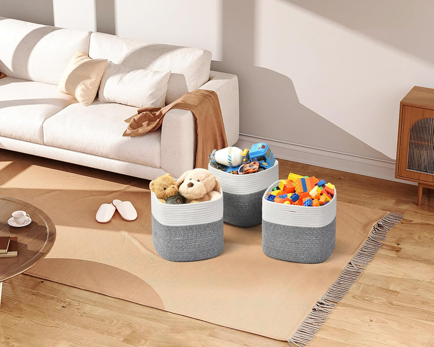 3 Pack Storage Cubes 11 Inch Cotton Rope Woven Baskets for Organizing Cube Bin Square Shelves Organizer,Classroom,Kids Toy Bins,Closet,Baby Nursery(Grey)