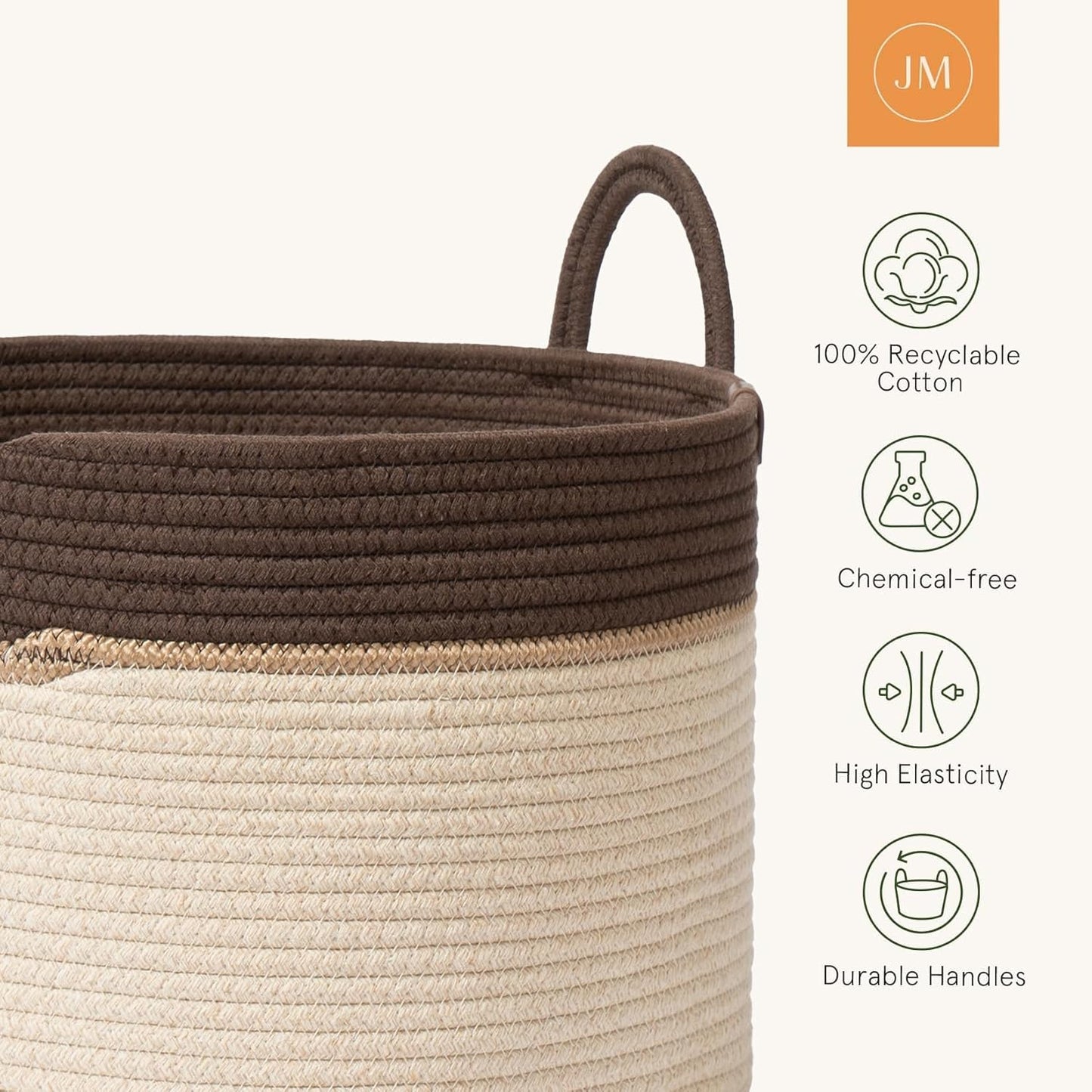 LA JOLIE MUSE Woven Basket Rope Storage Baskets - Large Cotton Organizer, Laundry Basket, Oatmeal, 40 Litres