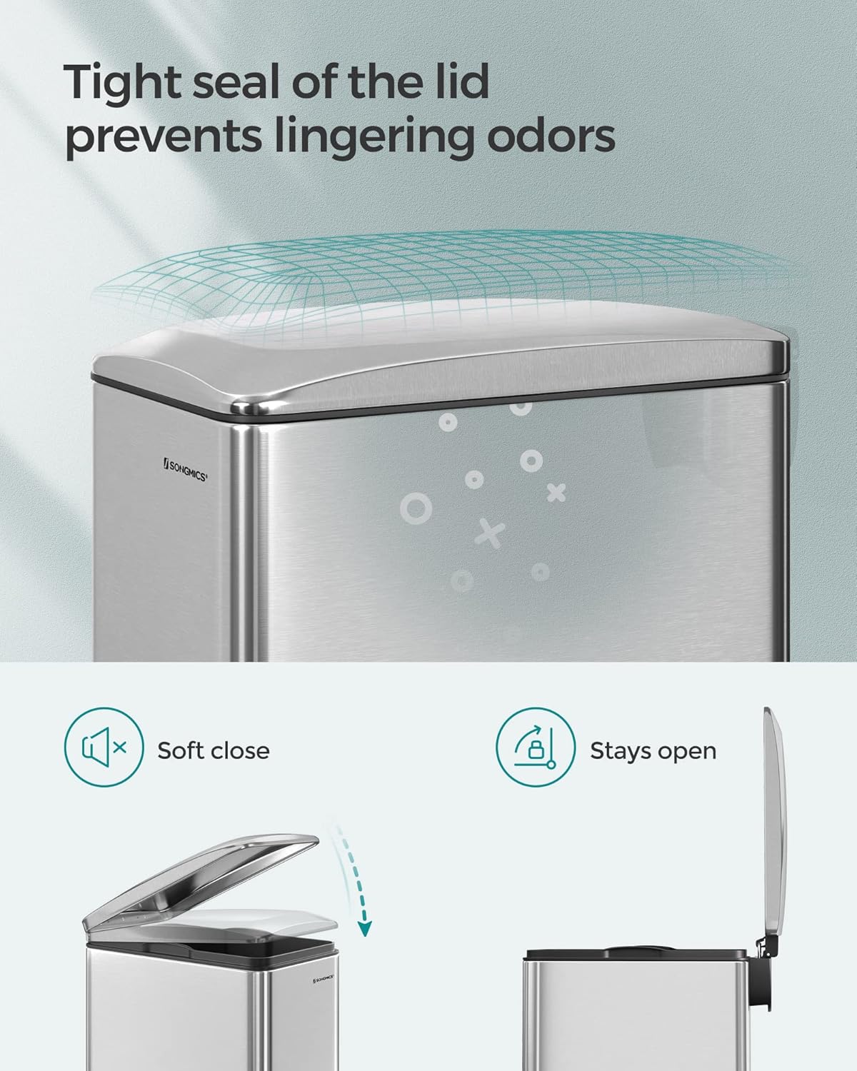 SONGMICS Slim Trash Can, 13-Gallon (50 L) Garbage Can for Narrow Spaces with Soft-Close Lid, Inner Bucket, and Step-on Pedal, Stainless Steel, 15 Trash Bags Included, Silver ULTB510E48