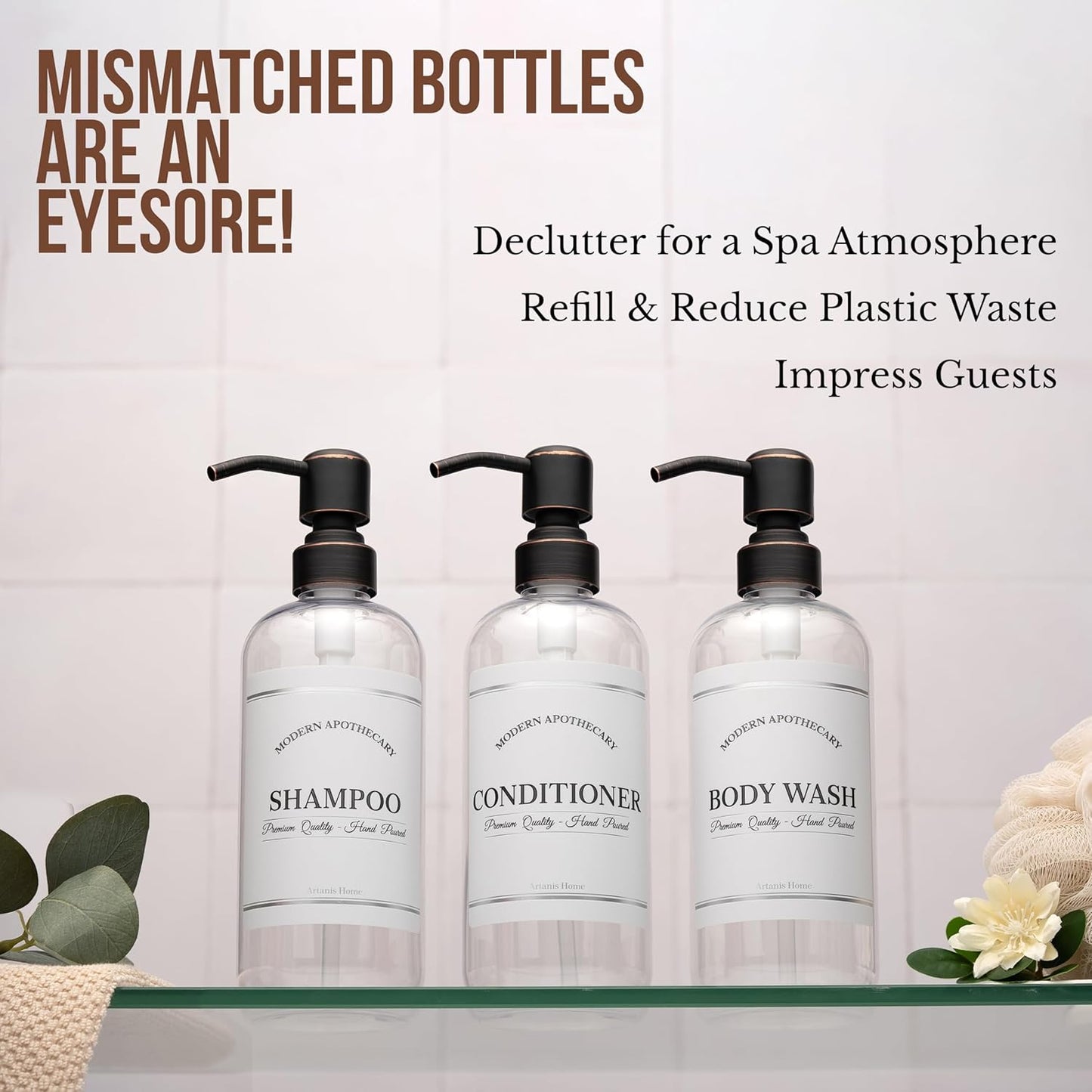 Clear Refillable Shampoo, Conditioner, and Body Wash Bottles - PET Plastic Shampoo Bottles Refillable with Oil Rubbed Bronze Pump - Waterproof Labels - 16 oz, 3 Pack