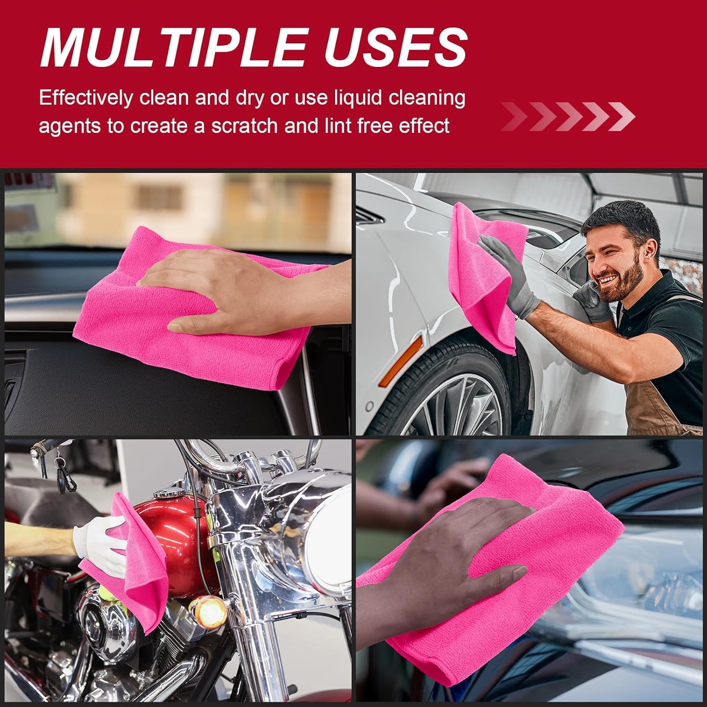 200 Pcs Microfiber Cleaning Cloth 16x16 Inch Microfiber Towels for Car Ultra Absorbent Cleaning Rags Reusable Lint Free Streak Free Detailing Towel for Car Washing Drying Dusting (Pink)