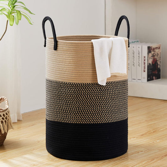 Fiona's magic 72L Large Woven Laundry Hamper, Tall Cotton Rope Storage Basket, Jute Baby Nursery Hamper for Blankets, Toys and Clothes in Bedroom and Living Room Organizing, Brown & Black