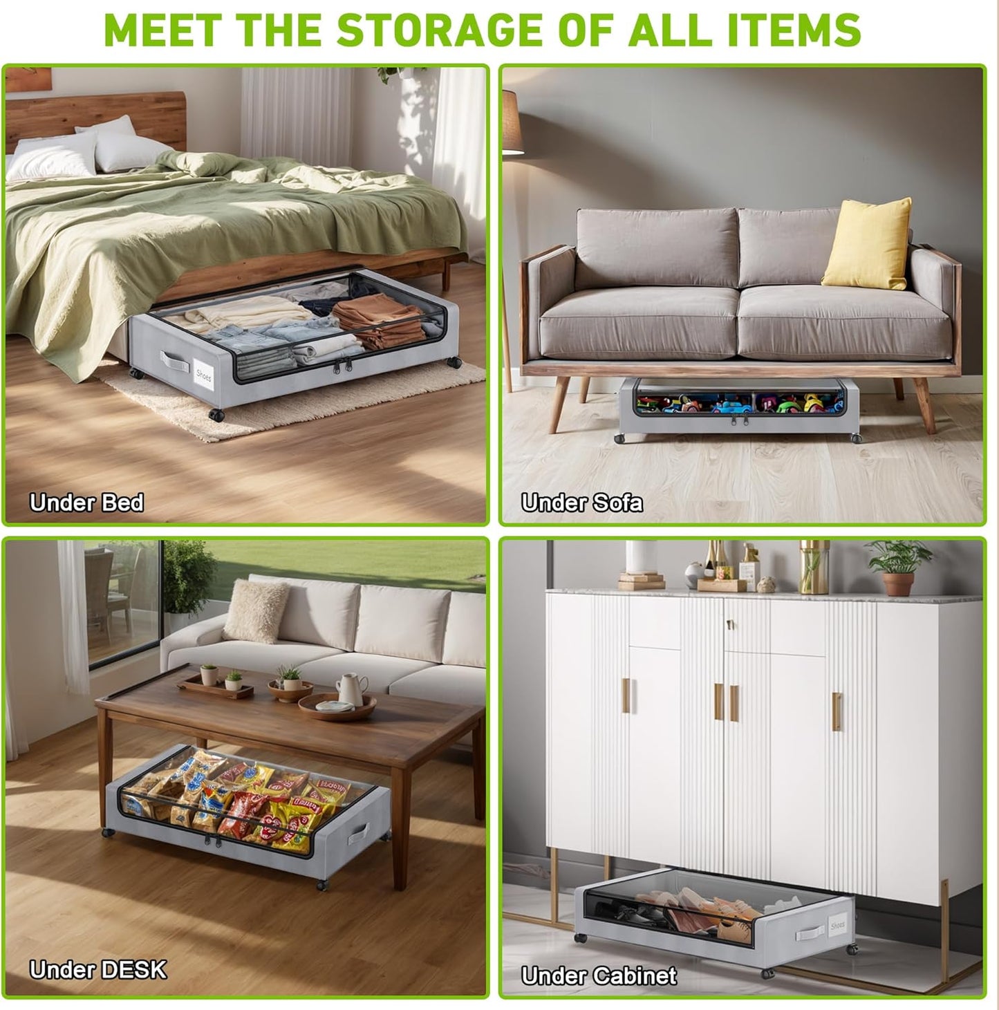 Under Bed Storage with Wheels, 4-Pack Under the Bed Storage Containers with Clear Lids & Label, Underbed Storage Bins, XXL 60L Rolling Metal Drawer for Clothes, Shoes, Toys, Books - Gray