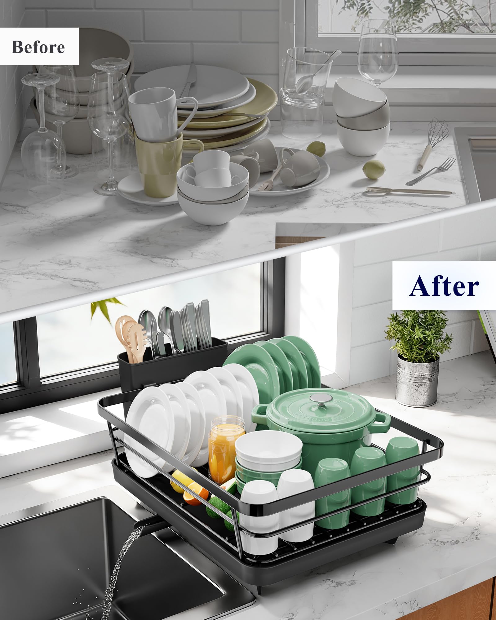 Kitsure Dish Drying Rack for Kitchen Counter, 12''W x 15.5''L, Black
