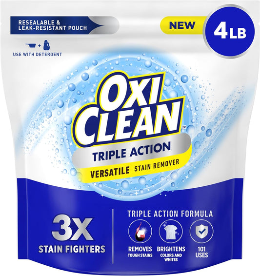 OxiClean Triple Action Versatile Stain Remover Powder, Use with Detergent, Removes Tough Stains like Grease, Blood and Grass, Brightens Colors and Whites, Chlorine Free, 4 lbs