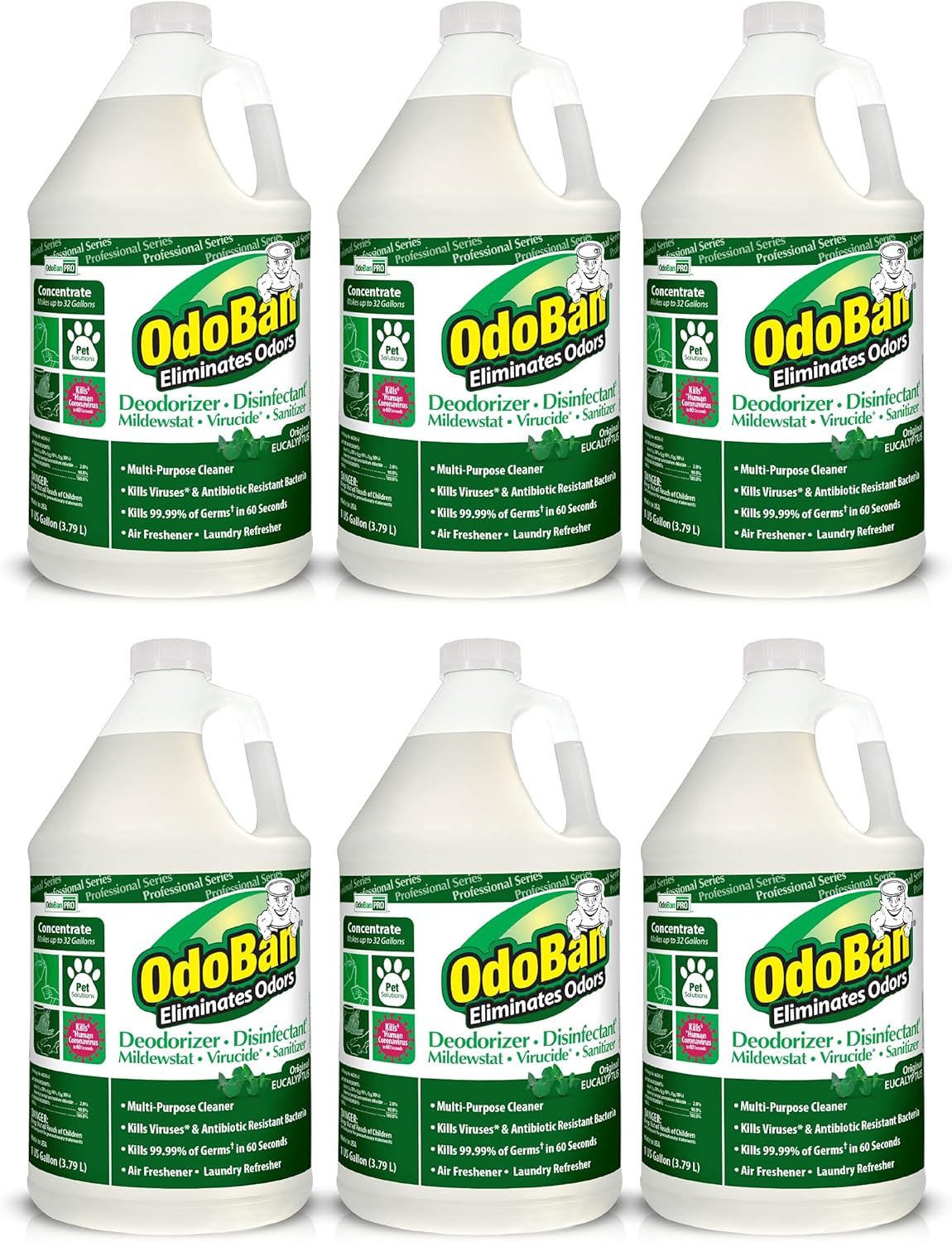 OdoBan Professional Disinfectant and Odor Eliminator Concentrate, 6-Pack, 1 Gallon Each, Original Eucalyptus Scent