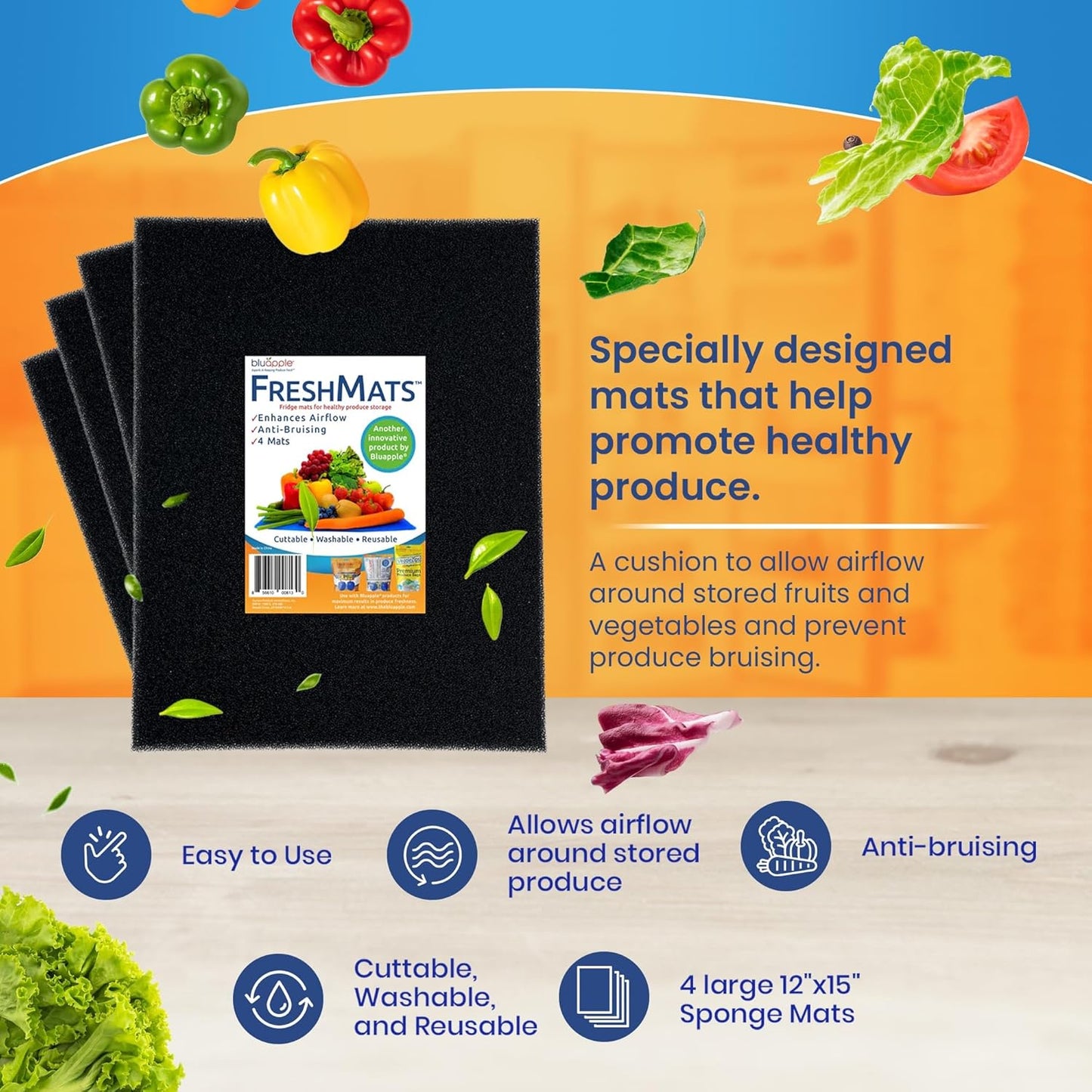 Bluapple FreshMats, Refrigerator Bin Liner, Fridge Drawer Mats, Crisper Life Extender Liner Keeps Produce Fresh Longer, Anti-Bruising, for Air Circulation, Washable & Reusable (4-Mats, 12x15, Black)