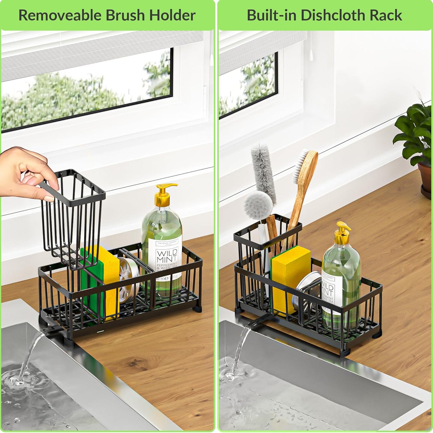 Self-Draining Kitchen Sink Caddy with Elevated Brush Holder – Rustproof Stainless Steel Multipurpose Sponge Holder for Kitchen Sink Organizer with Durable Design for Countertop