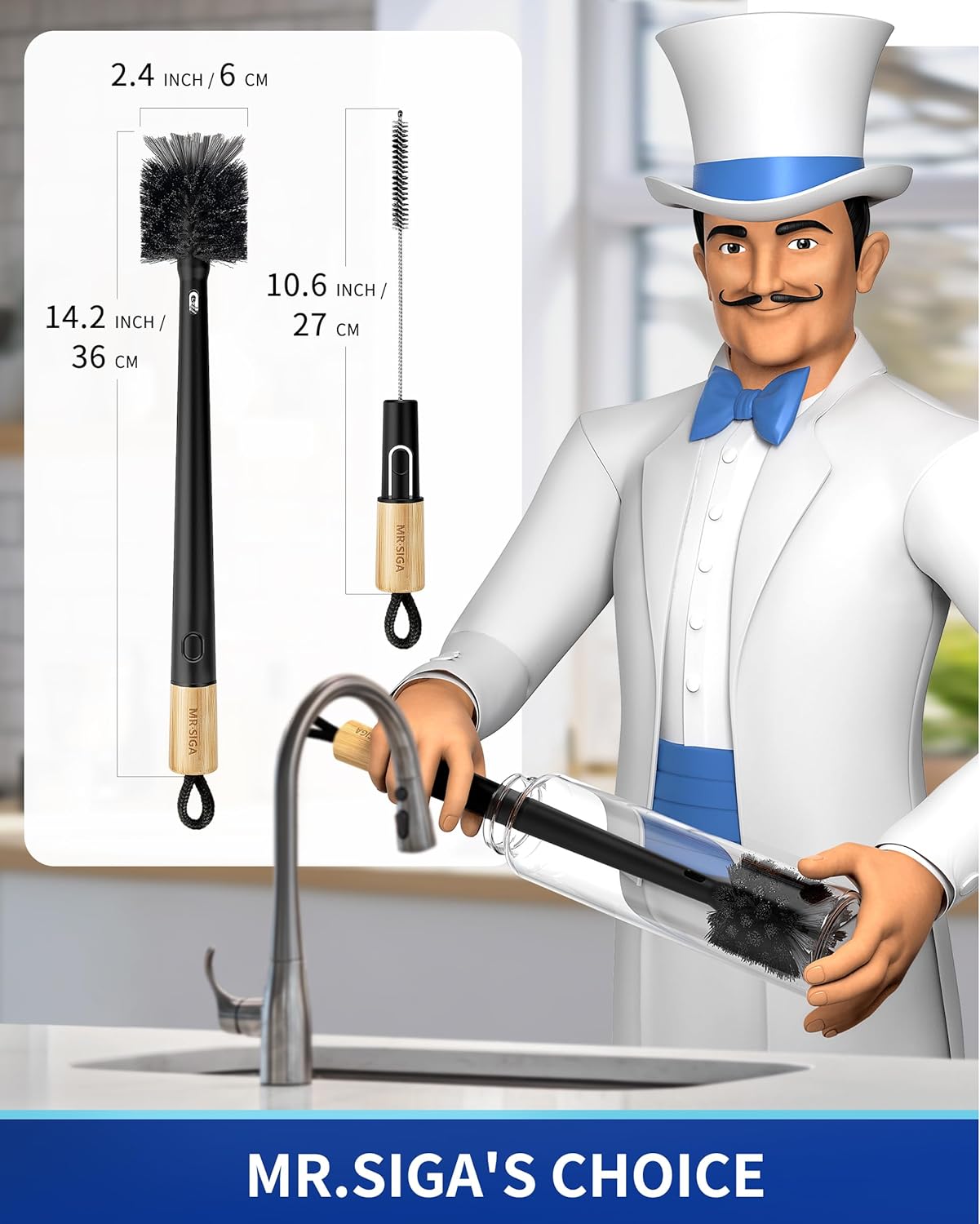 MR.SIGA Water Bottle Brush and Straw Cleaner Brush, Long Handle Bottle Cleaner Brush, 2 in 1 Bottle Cleaning Brush for Sports Bottles, Baby Bottles, Mugs, Straws