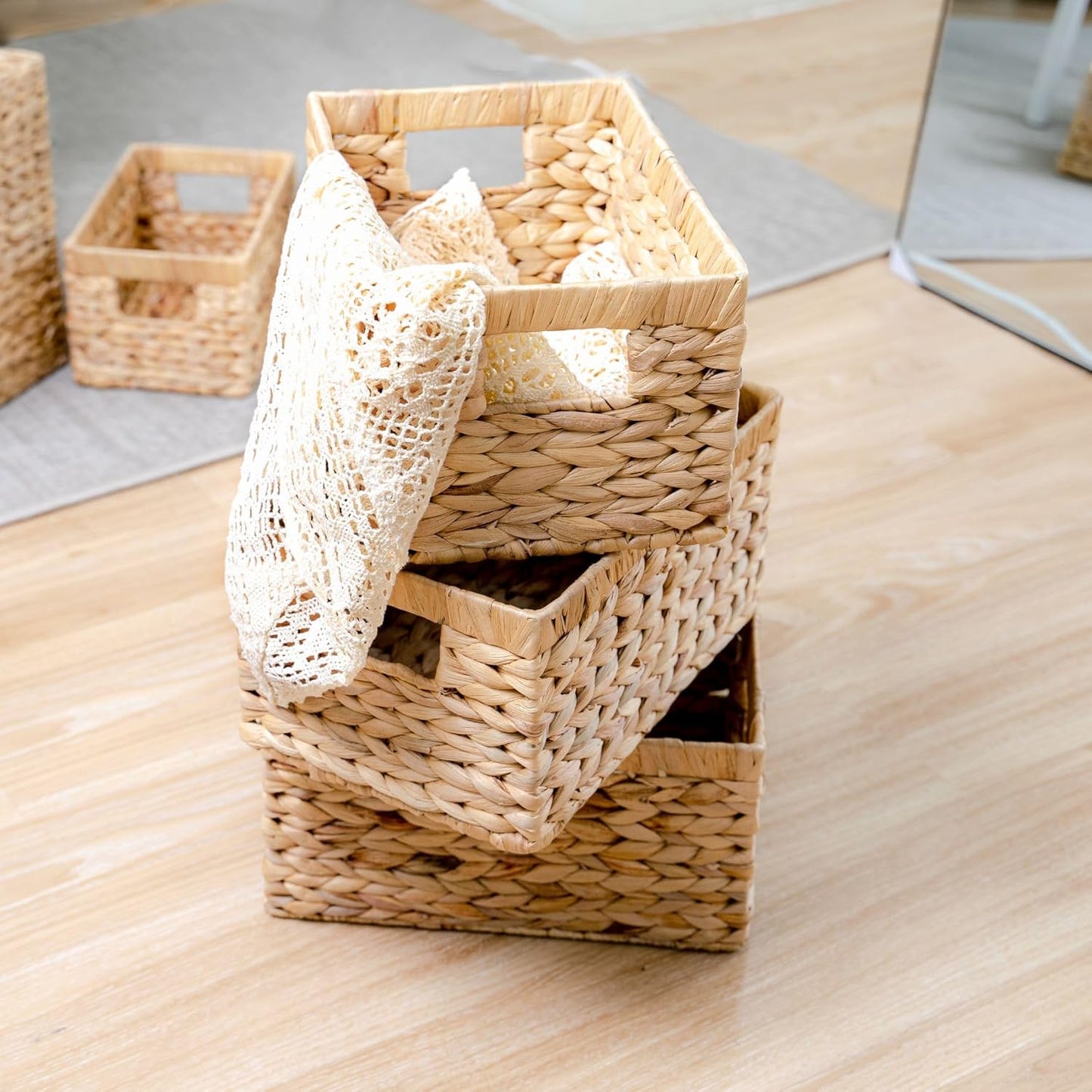 Set of 3 Water Hyacinth Storage Baskets – Wicker Baskets for Shelves, Decorative Woven Organizer Bin for Bathroom, Closet, or Pantry (3-Pack Medium)