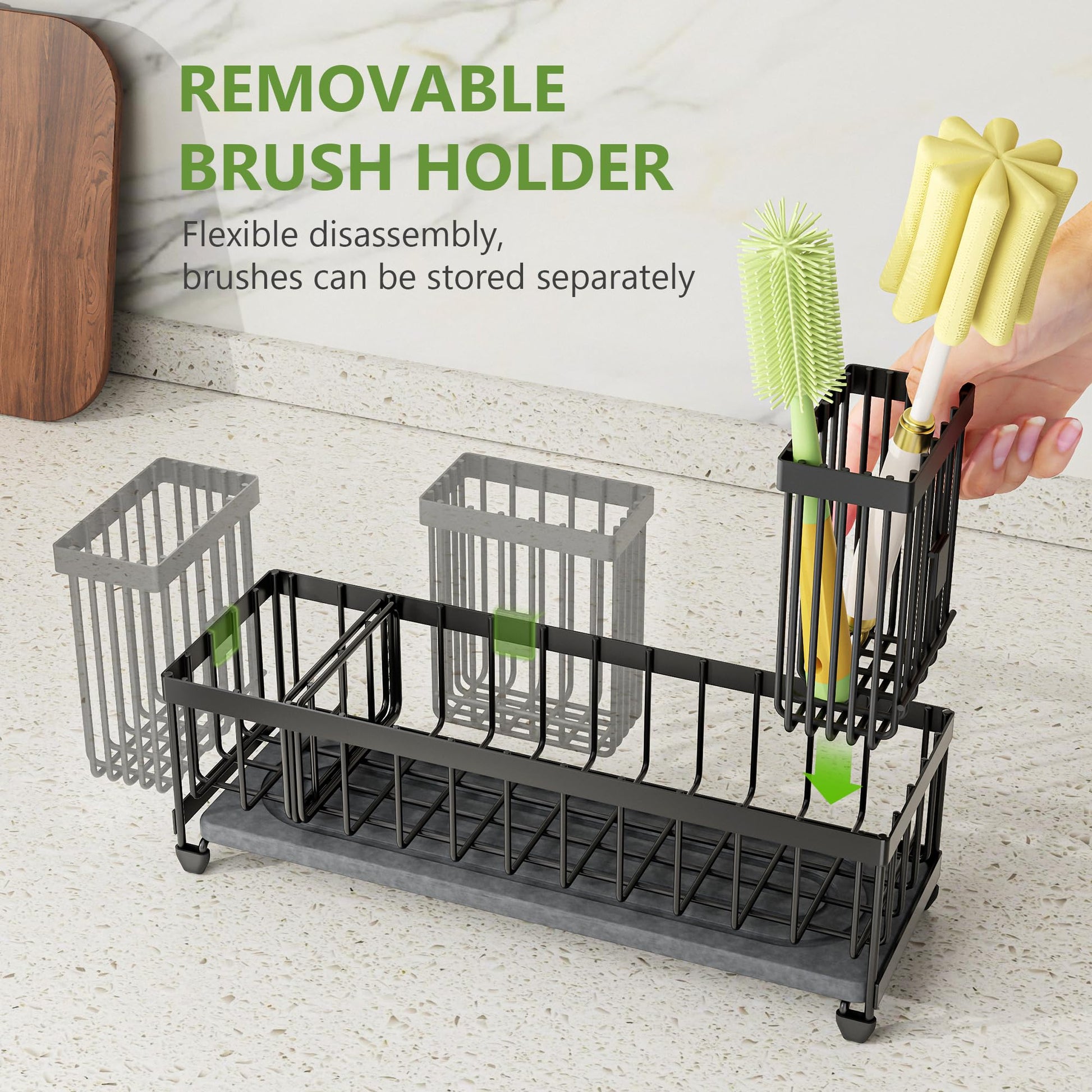 Cisily Extra Large Sink Caddy Organizer with Drying Stone, Black Sponge Holder for Kitchen, Dish