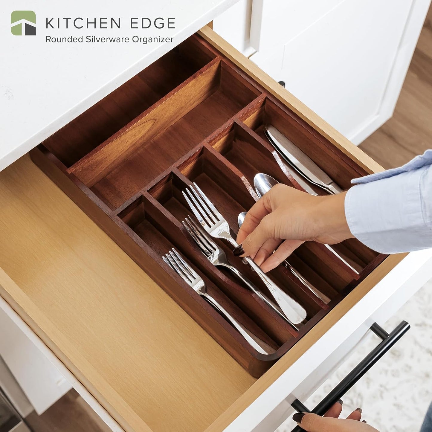 KitchenEdge Silverware Organizer - Cutlery, Flatware, and Utensil Holder for Kitchen Drawers, Fixed 10.5” Width, 7 Storage Compartments, Non-Slip Feet, Rounded Corners, Acacia Wood