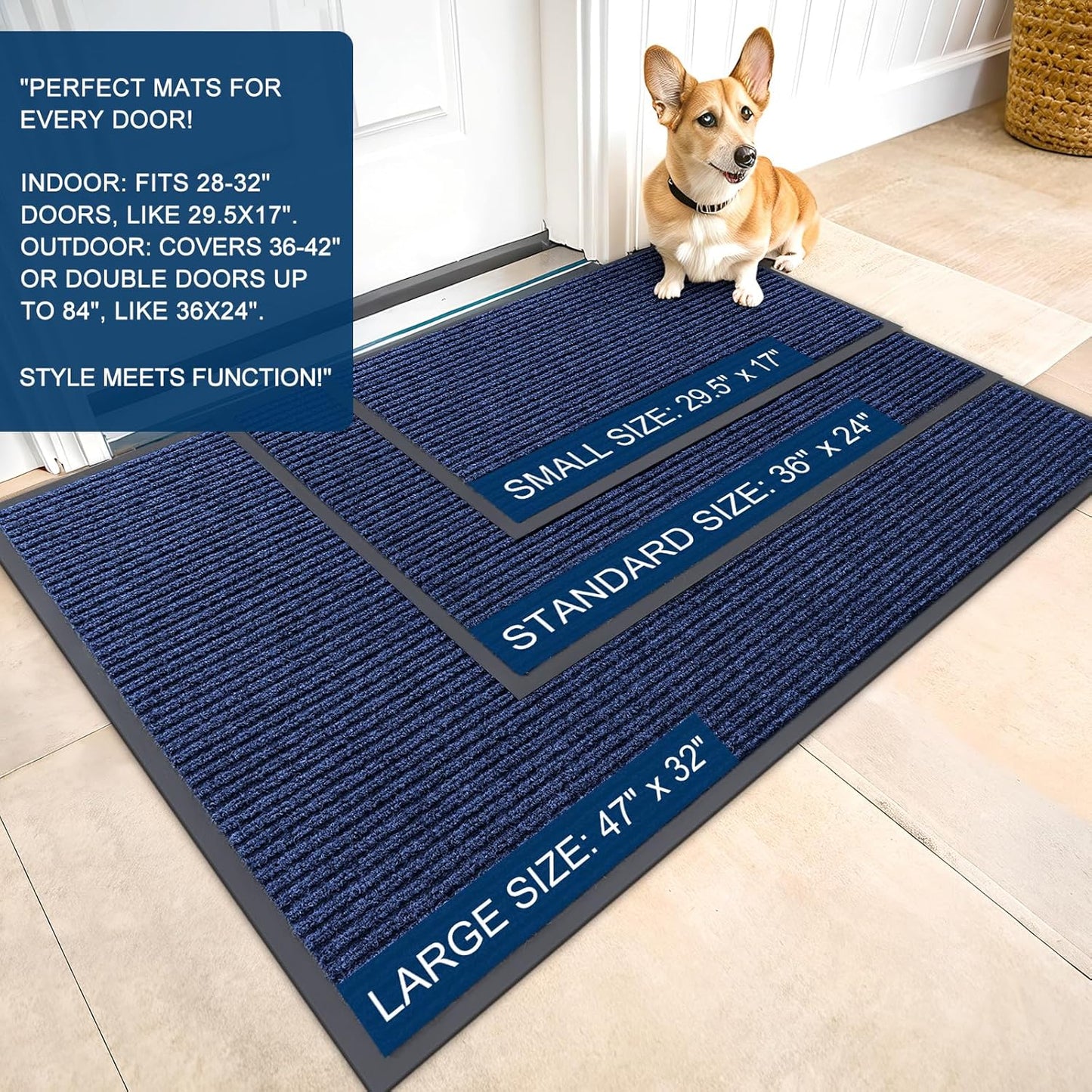 OLANLY Front Door Mat Indoor Outdoor Entrance, Waterproof Heavy Duty Doormat, Fade Resistant, Low Profile, Easy Clean Patio Porch Welcome Floor Mats for Entry, 59x20, Blue