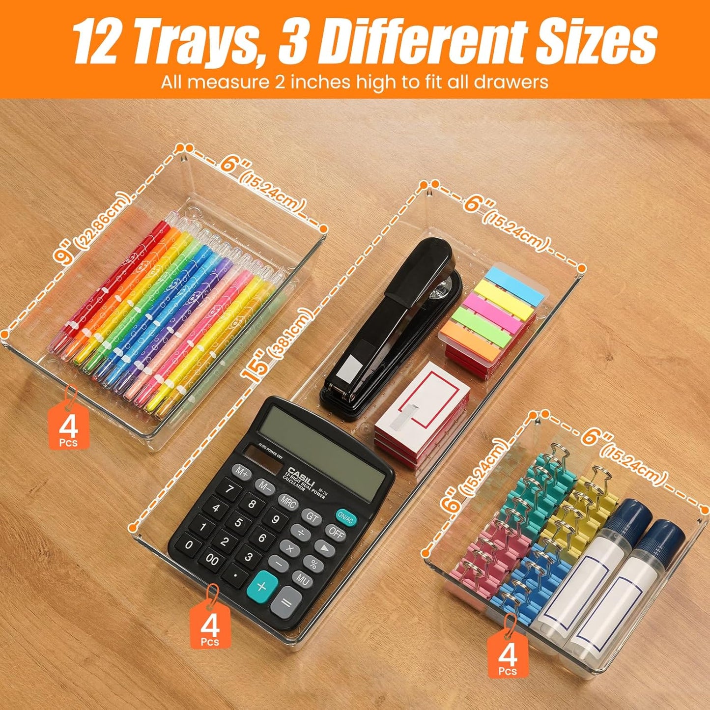 12 Pack Clear Plastic Drawer Organizer Set, Acrylic Non Slip Non Cracking Kitchen Drawer Storage Tray Large Size Divider, Multifunctional Storage for Cosmetics, Bathroom, Tools, Kitchen and Office